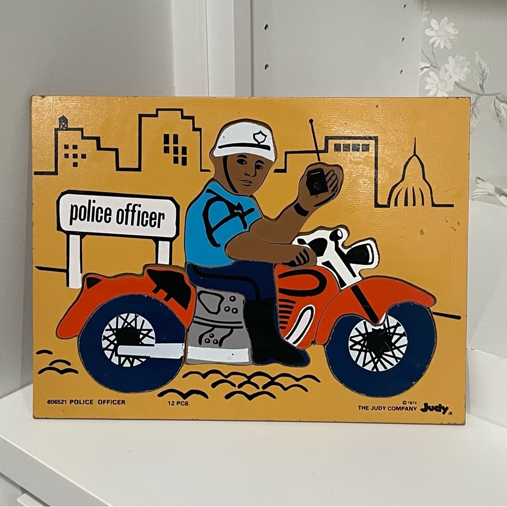 Vintage 1974 Police Officer Motorcycle 12 Piece Wooden Puzzle The Judy Company